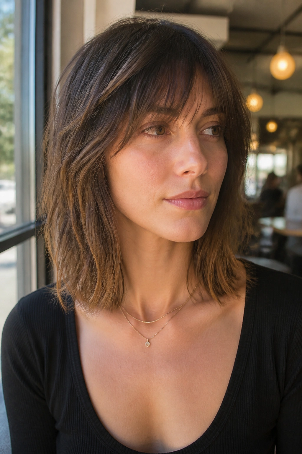 Close-up portrait of a real woman with collarbone-length shag and wispy ends in bright window light.