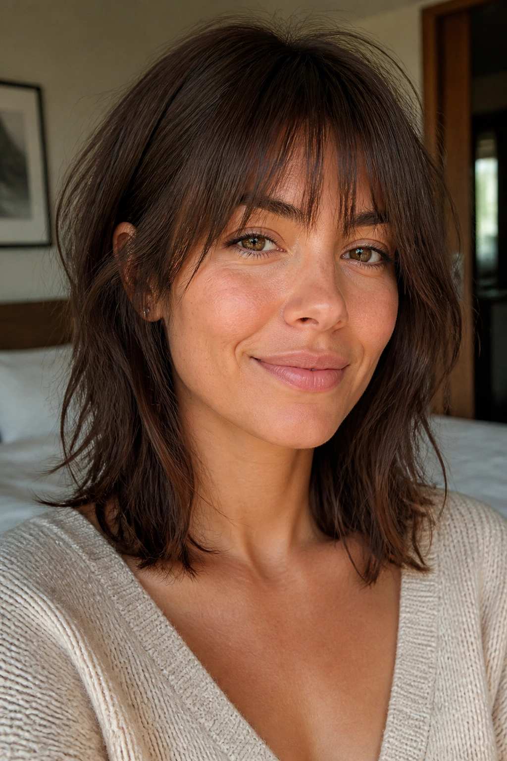 Real woman with collarbone shag and wispy fringe in soft daylight.