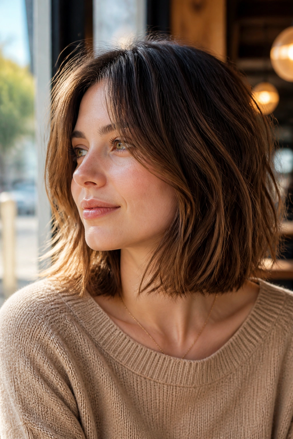 Real woman with collarbone-length shaggy bob and blunt base under warm cafe light