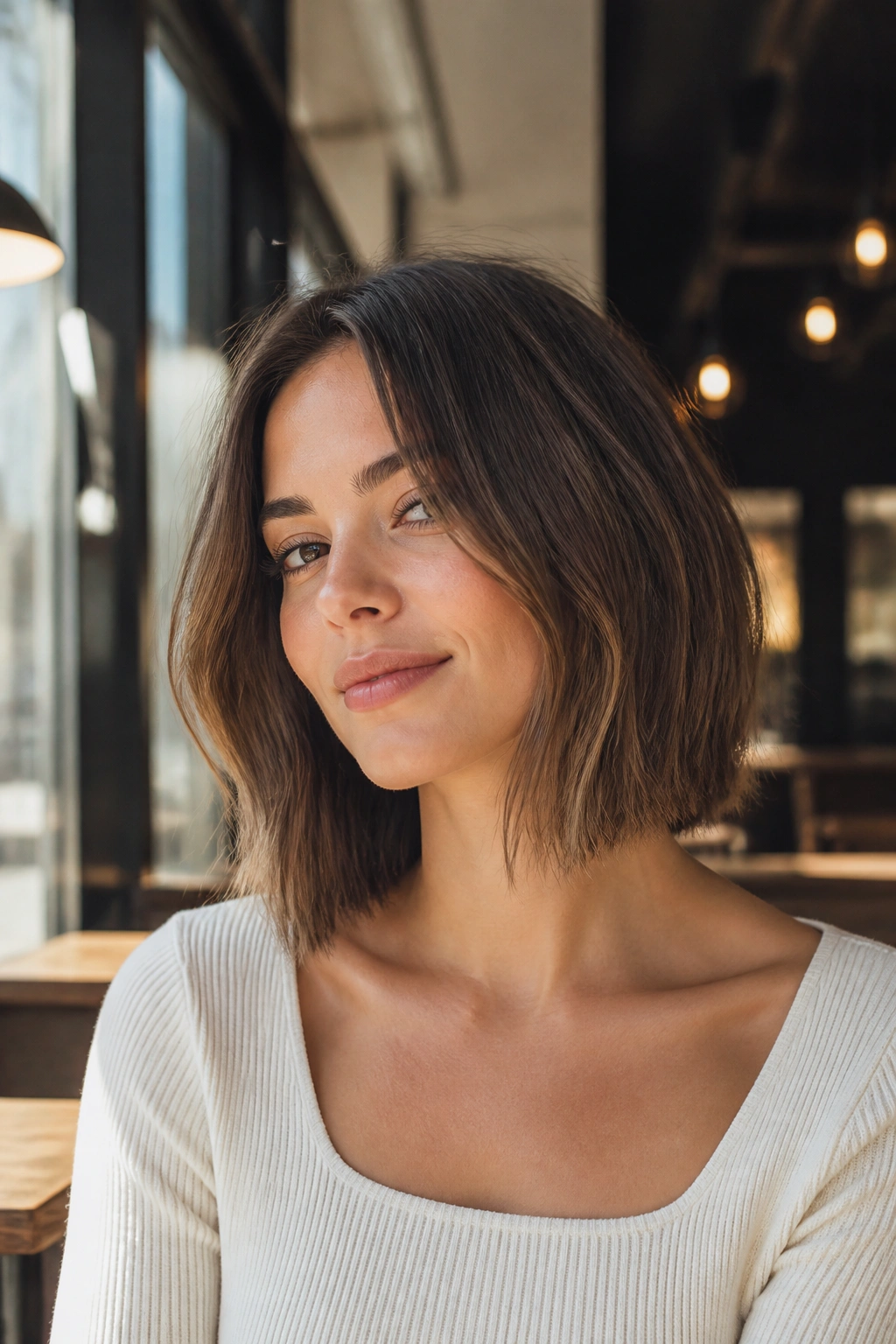 Close-up of a real woman with collarbone-length sliced bob under soft daylight.