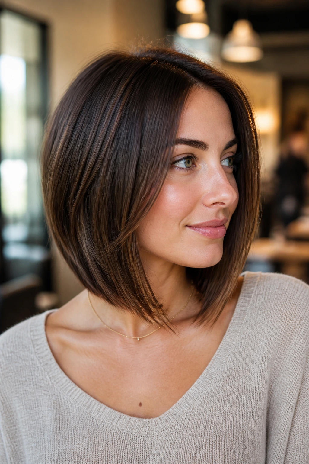 Close-up of a real woman with a collarbone-grazing stacked bob in warm window light.