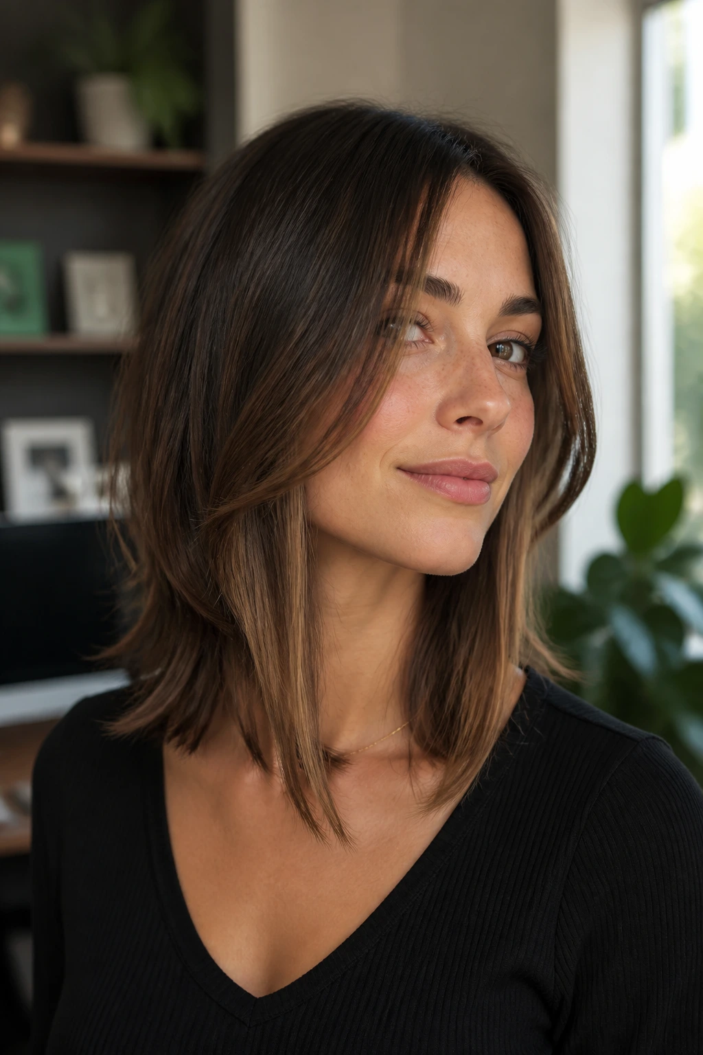 Close-up of collarbone-length step cut with long front pieces framing the face