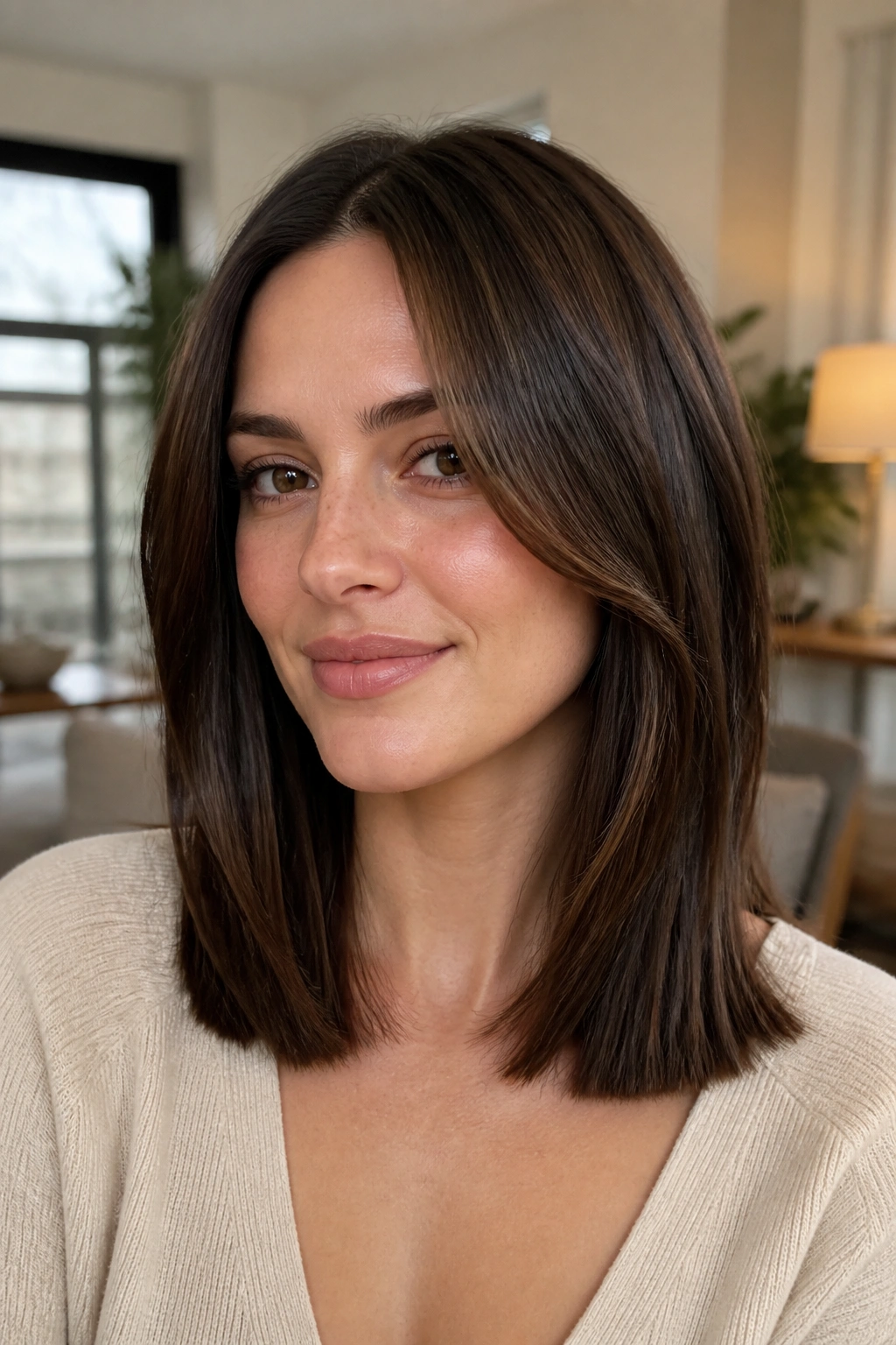 Close-up of a woman with collarbone-length blunt ends and face-framing sweep.