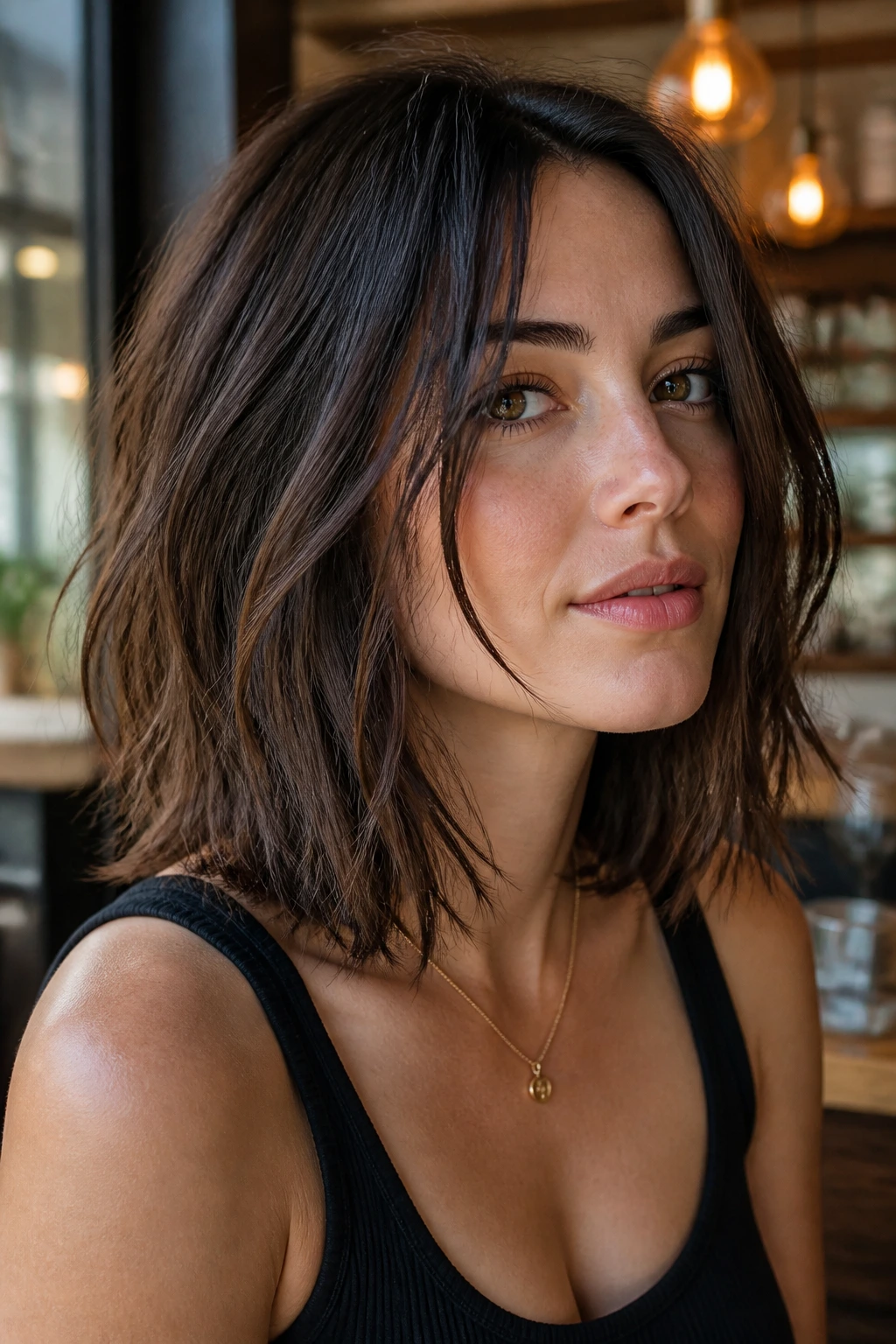 Close-up portrait of collarbone-length hair with piecey texture and face framing in cafe light