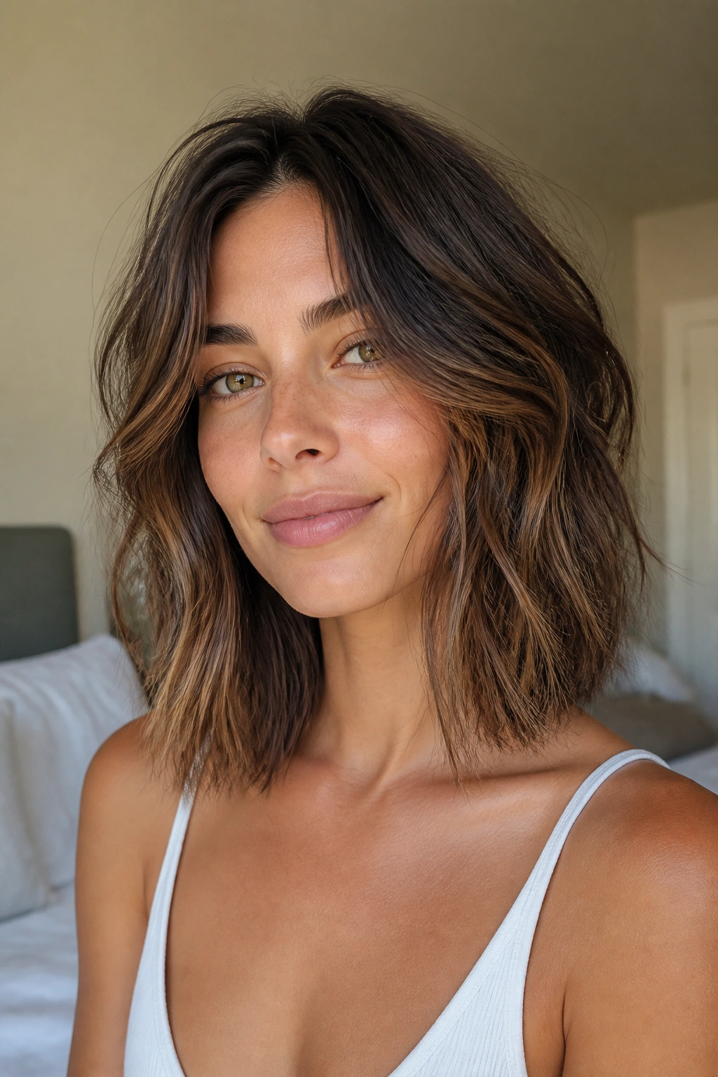 Close-up portrait of a real woman with collarbone-length textured lob and long layers.