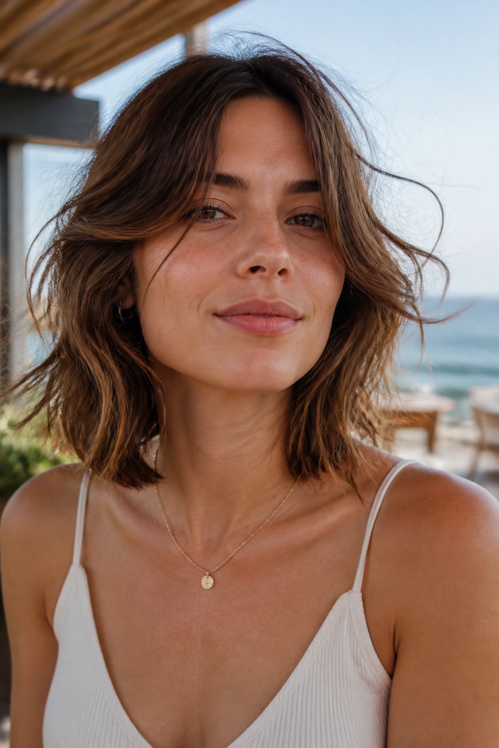 Woman with collarbone-length tousled haircut and loose waves.