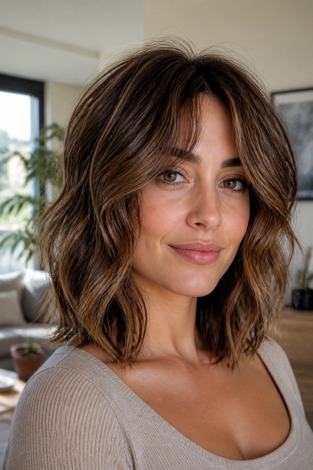 Close-up of a person with collarbone-length shaggy waves and curtain fringe