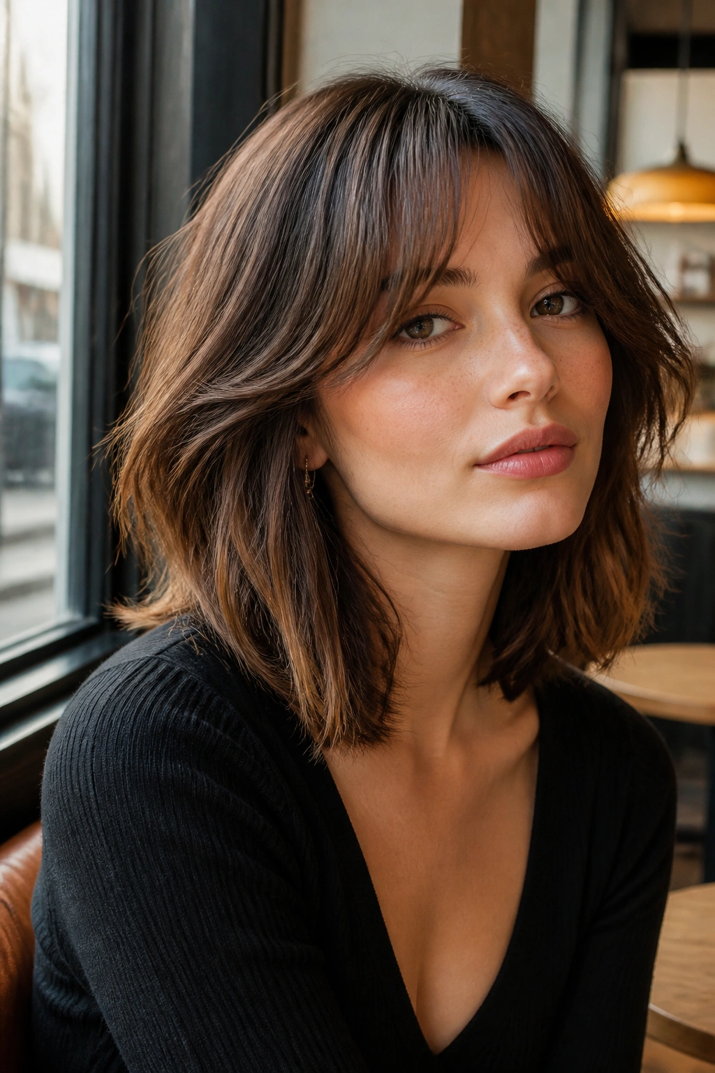 Medium close-up of a person with collarbone-length wolf bob and long curtain bangs in cafe light