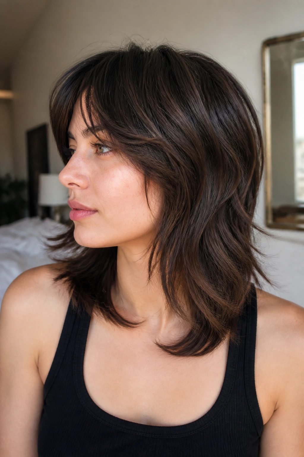 Portrait of a real person with collarbone wolf cut showing internal weight removal.