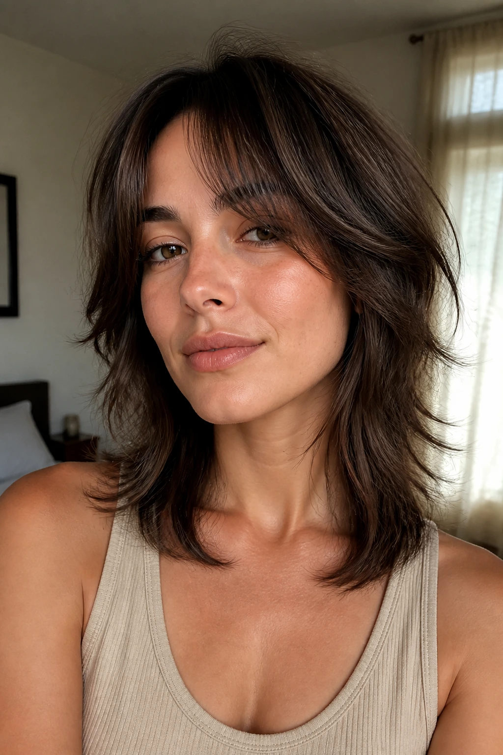 Close-up portrait of a real woman with a collarbone-length wolf cut and curtain bangs