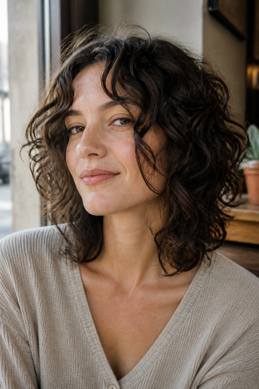Close-up of a real woman with collarbone-length wolf cut and face-framing pieces.