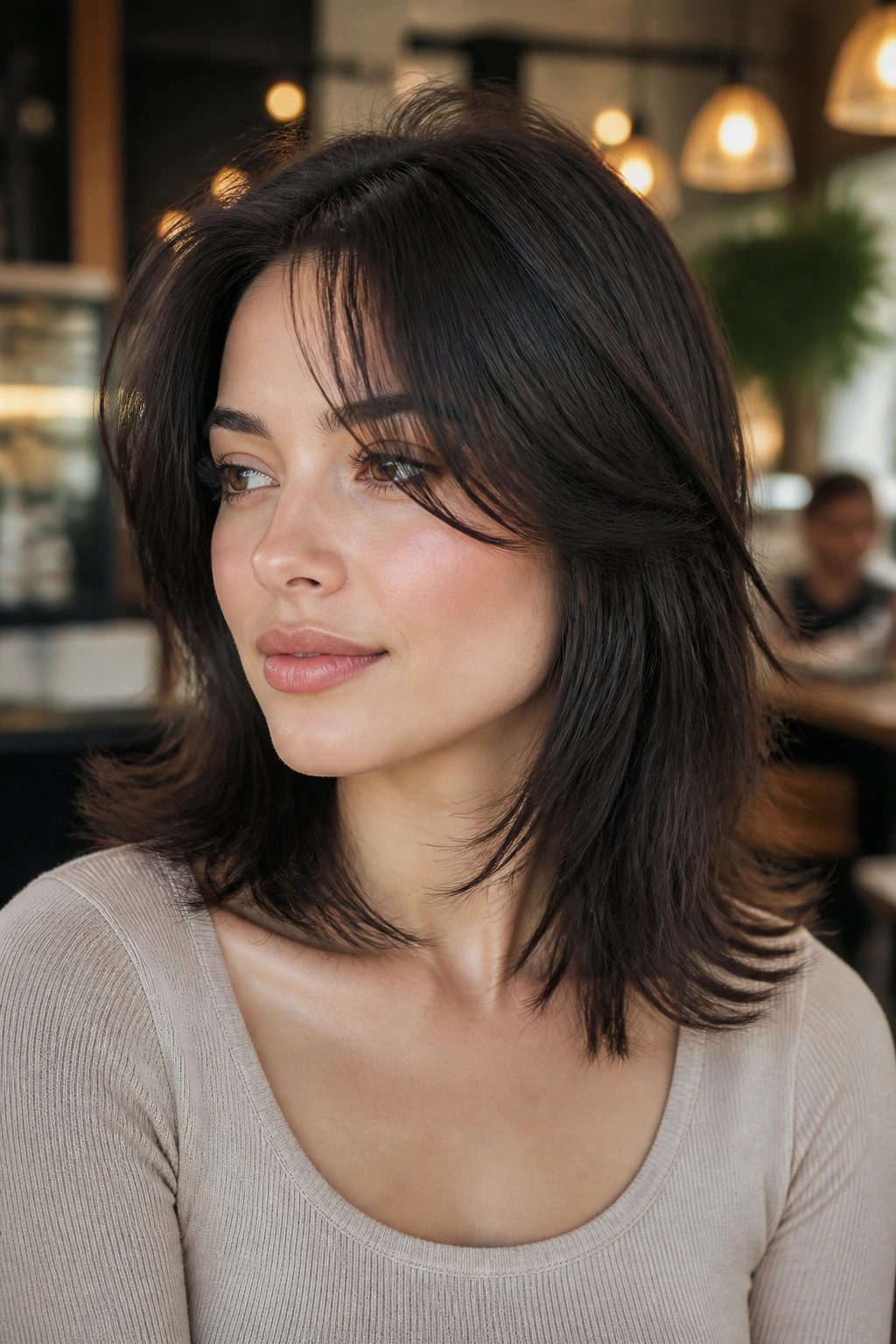Close-up portrait of a real woman with collarbone-length wolf cut and hidden layers.