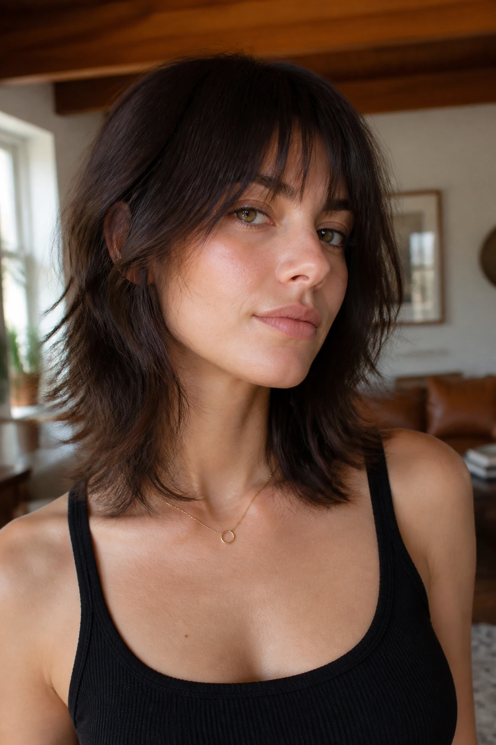 Close-up portrait of a real woman with collarbone-length wolf cut showing hidden inner layers