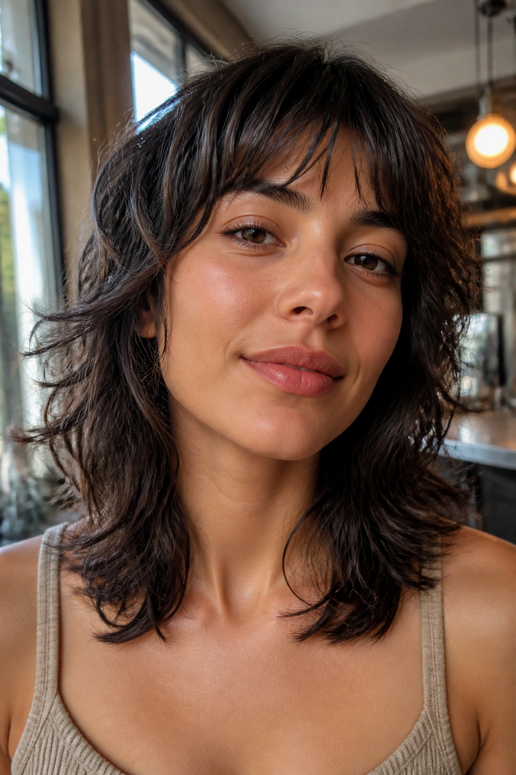 Close-up portrait of a real person with collarbone wolf cut in a cafe