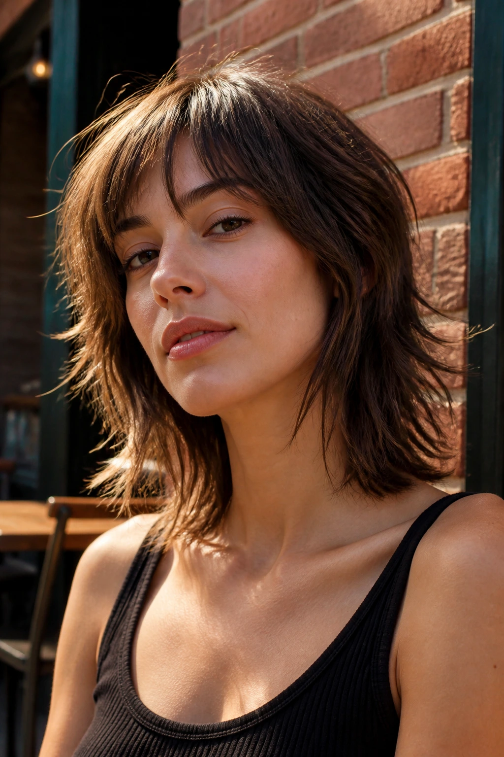 Medium close-up of real person with Collarbone Wolf Cut Bob With Wispy Ends in outdoor sunlight
