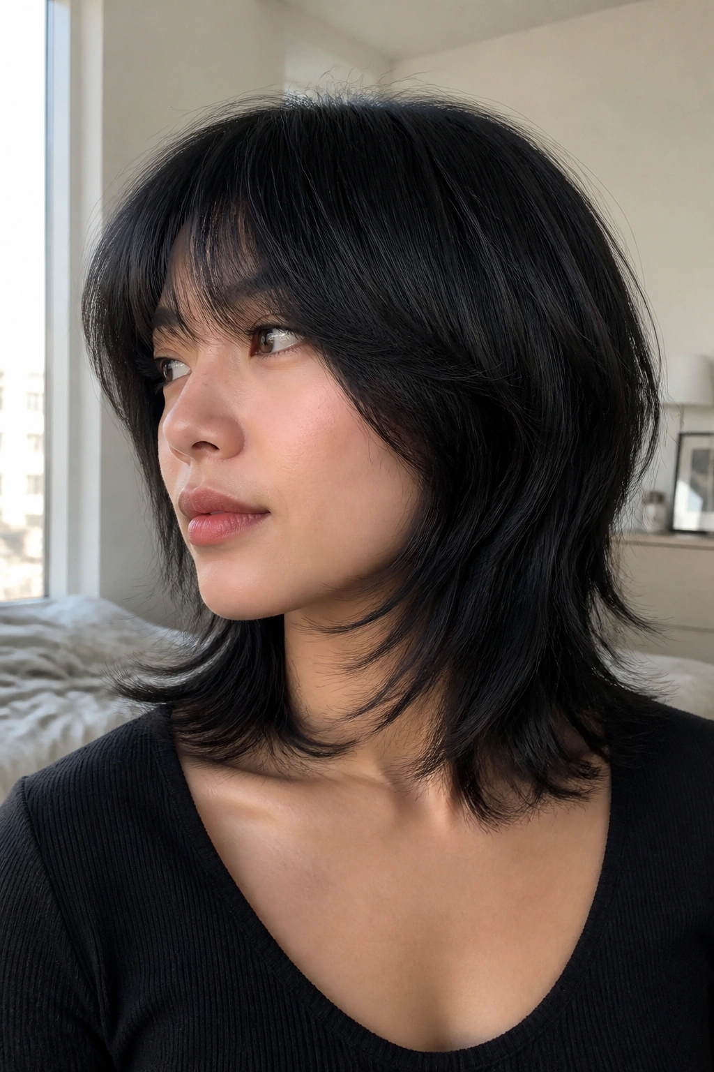 Close-up portrait of a real person with collarbone-length black wolf cut showing invisible layers in a bedroom setting