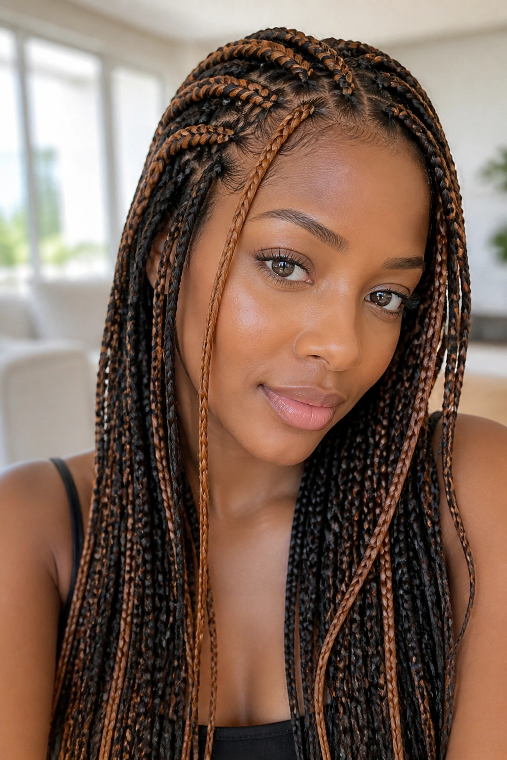 Close-up of a real woman with braided hair featuring color accents