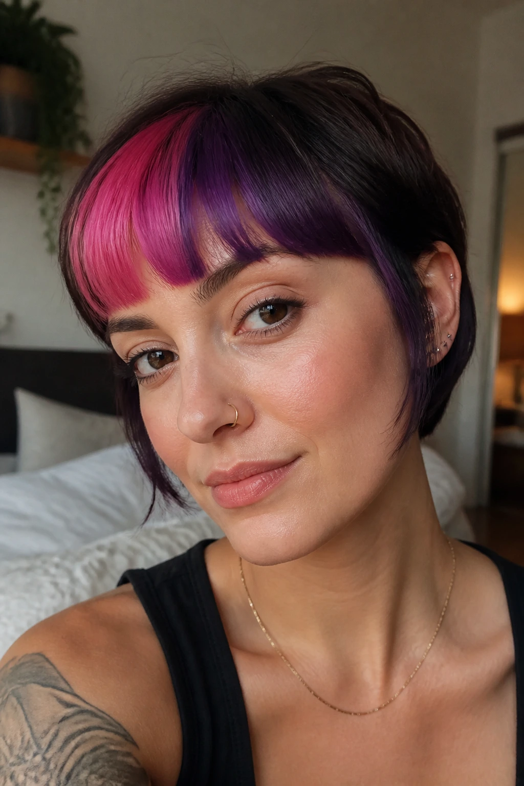 Close-up of bold pink and purple color-blocked bangs on a real person in window light