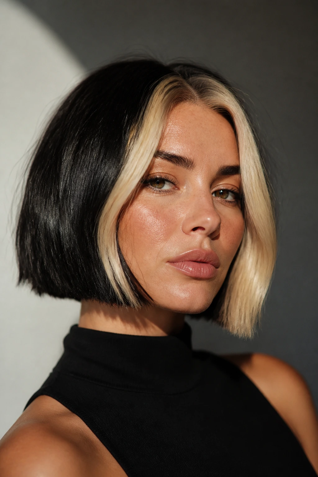 Close-up portrait of a real woman with a color-blocked bob and bold money piece.