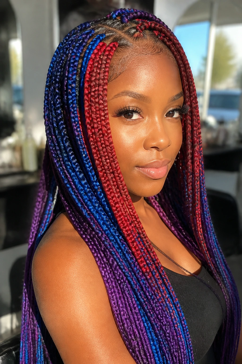 Close-up of a real Black woman with color-blocked braids in red blue purple