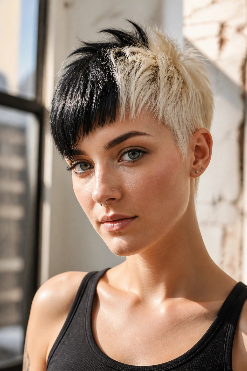 Real person with color-blocked pixie cut showing high-contrast color blocks by fringe and crown