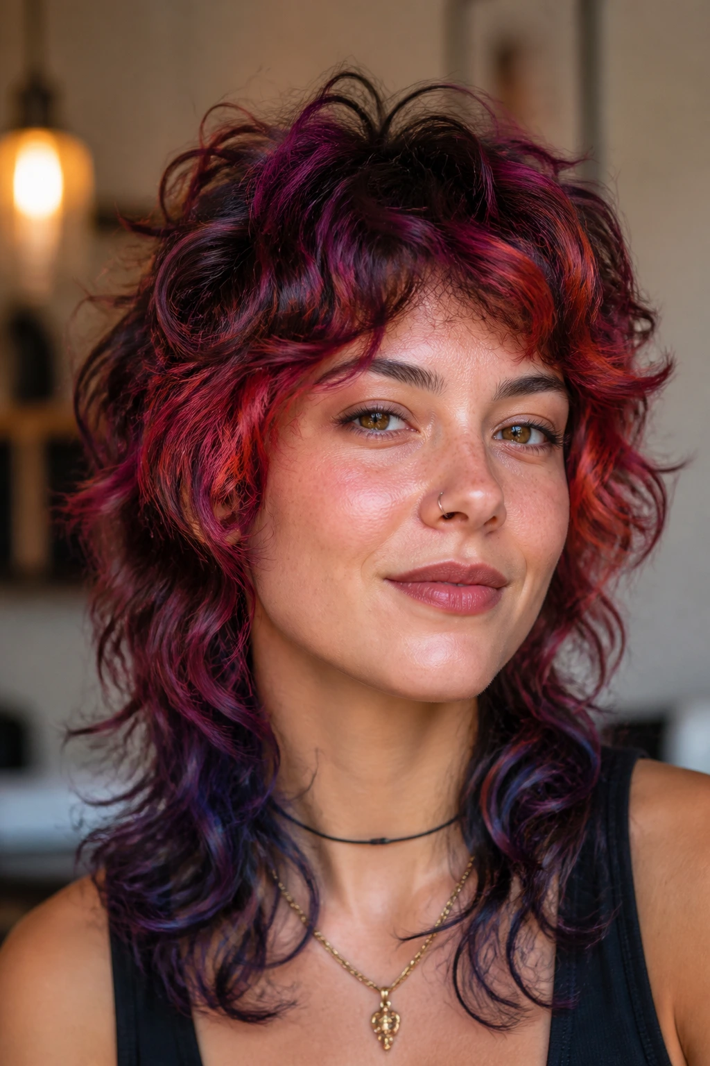 Close-up portrait of a real woman with color-dyed curly wolf cut showing dimensional highlights
