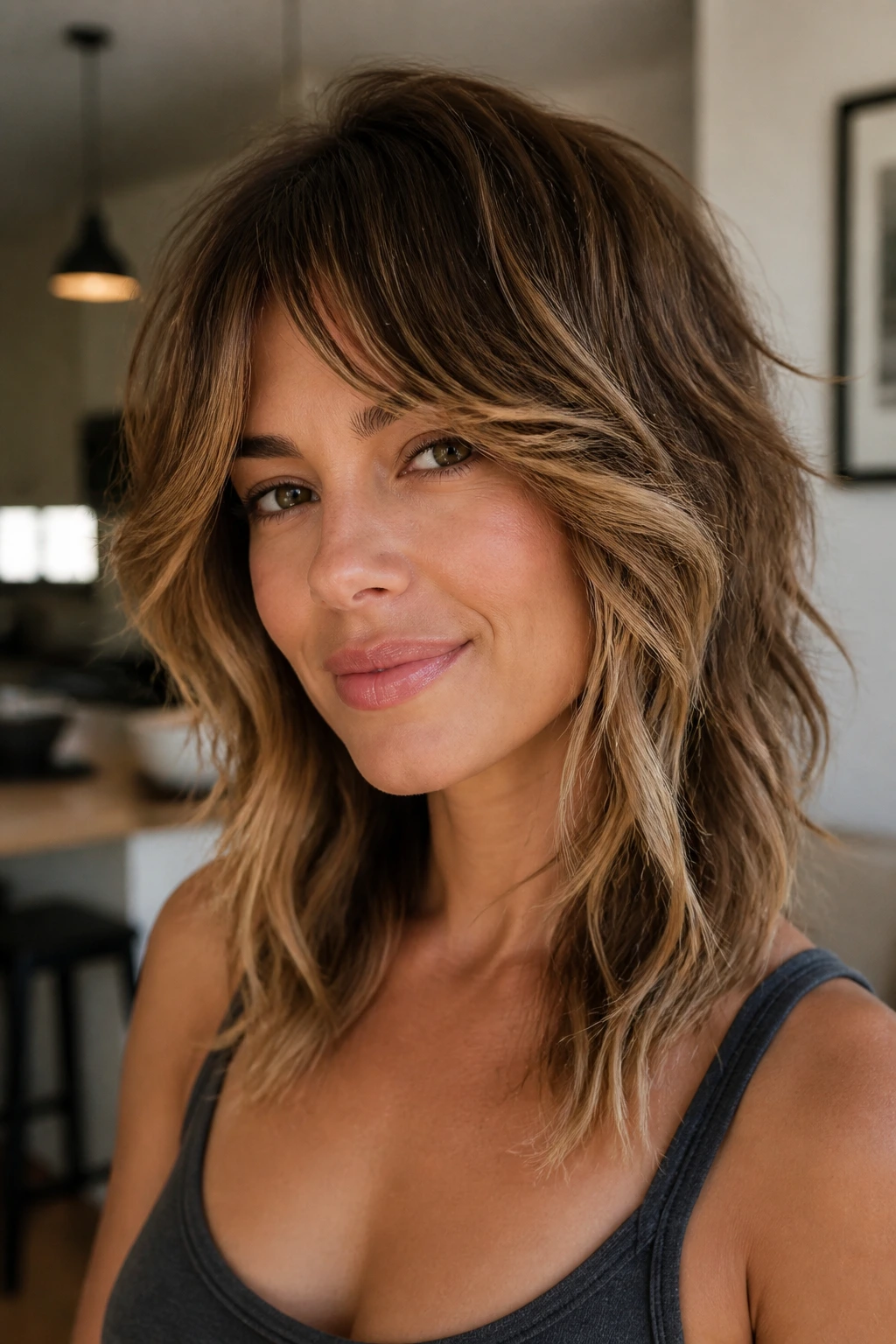 Portrait of a real person with color-enhanced shaggy wolf cut and dimensional layers.
