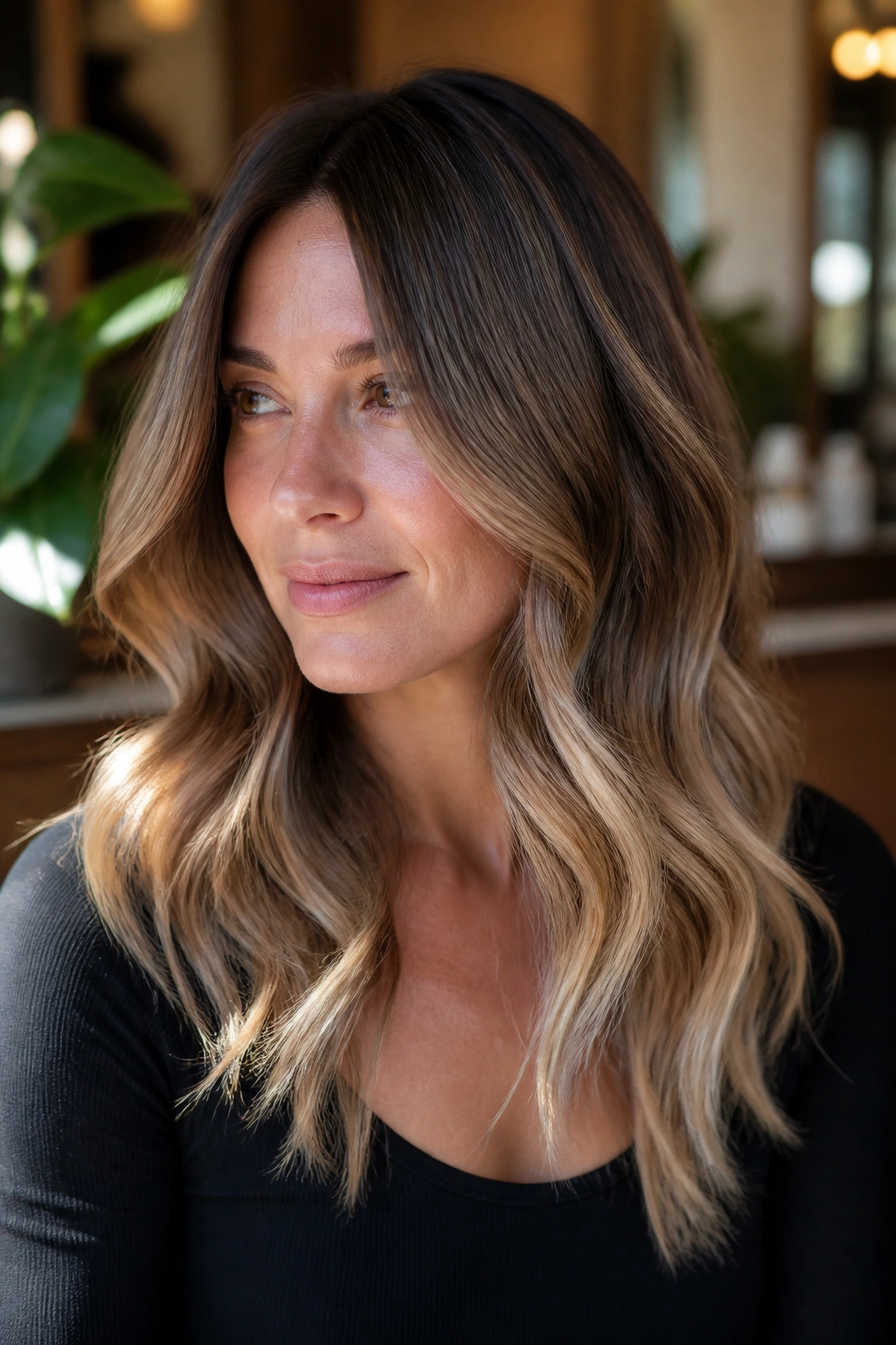 Close-up of a real woman with a seamless color melt from root to ends in neutral brown, caramel, and beige blonde.