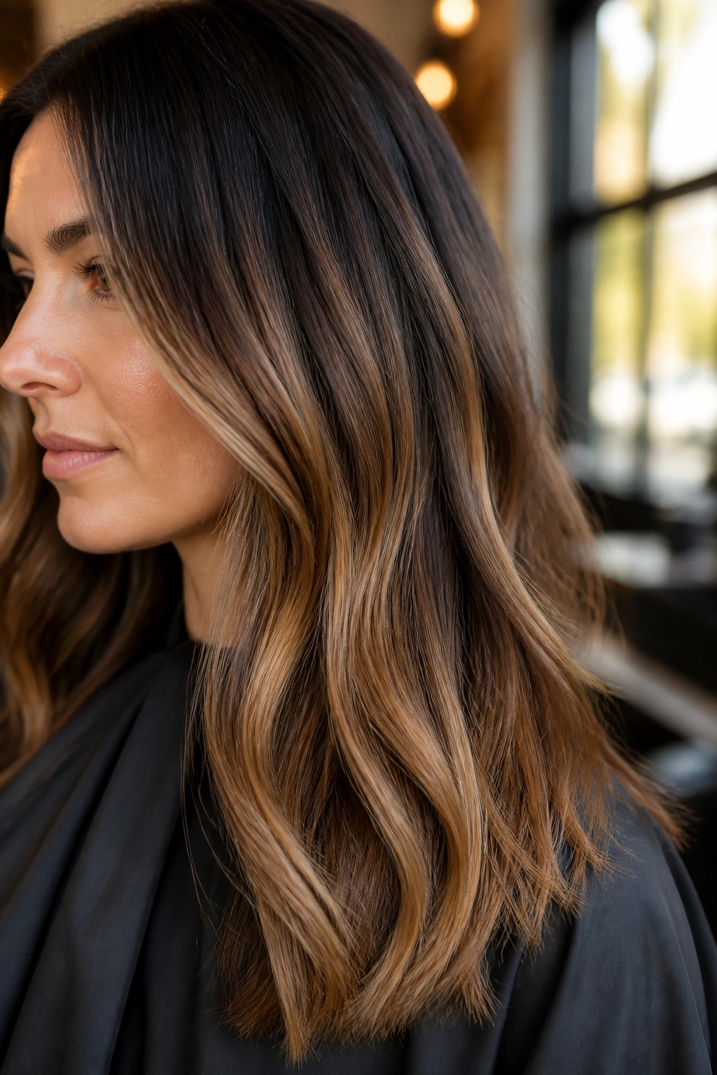 Close-up of a real woman with a seamless color-melt hair gradient from root to ends
