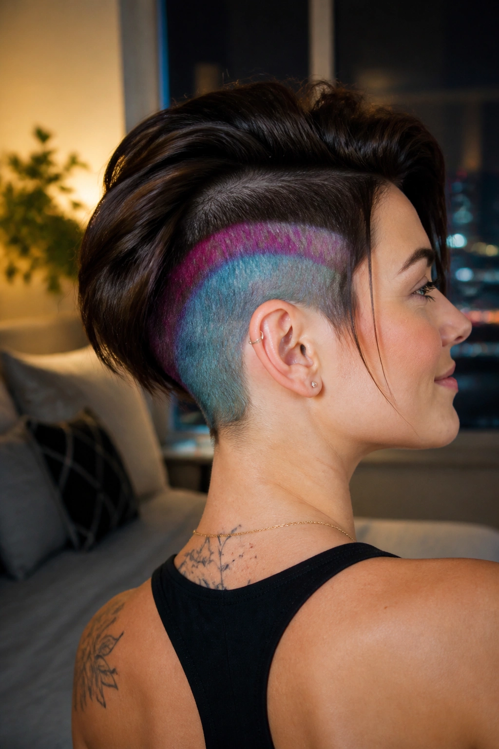 Real person with color-sliced undercut peeking from under hair.