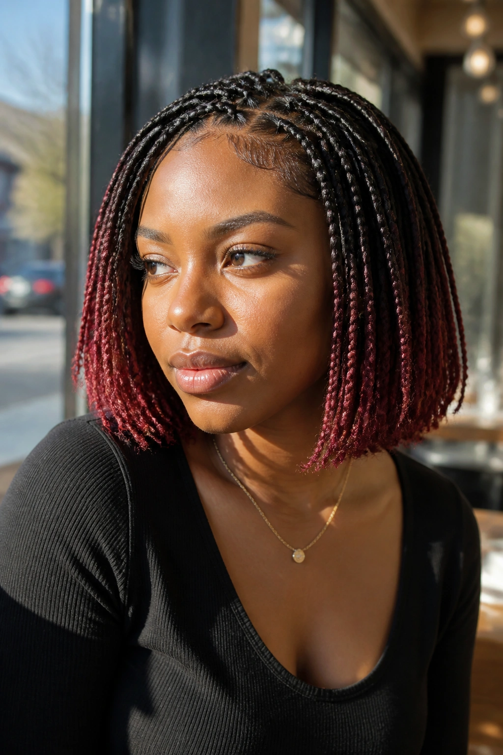 Close-up of a real woman with natural-base colored bob braids and colored ends