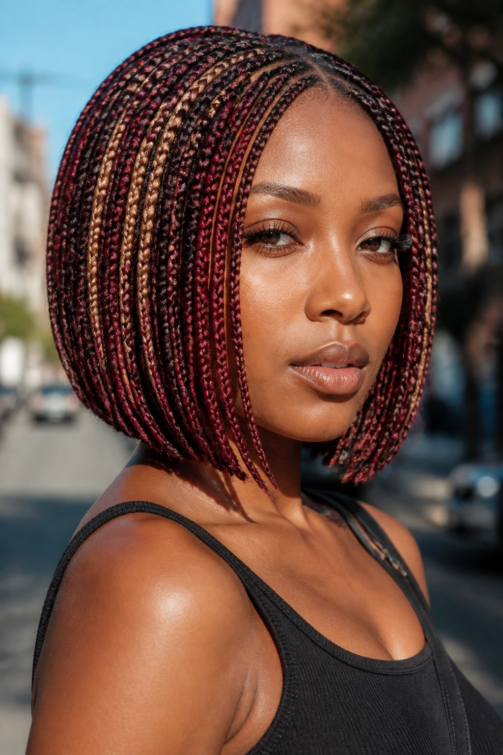 Close-up of a real Black woman with burgundy and honey-blonde colored bob braids