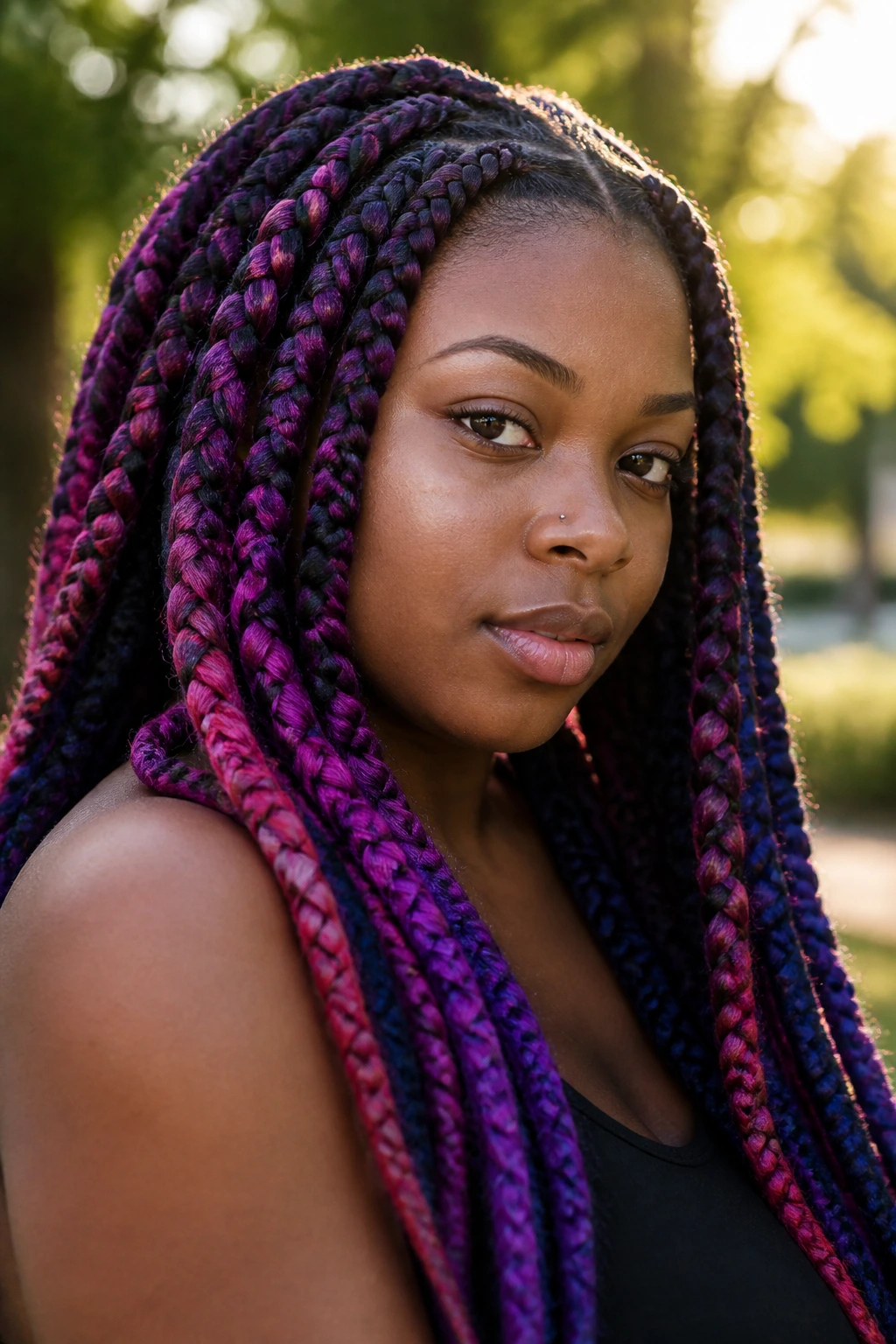 Close-up of a real person with chunky colored braids.