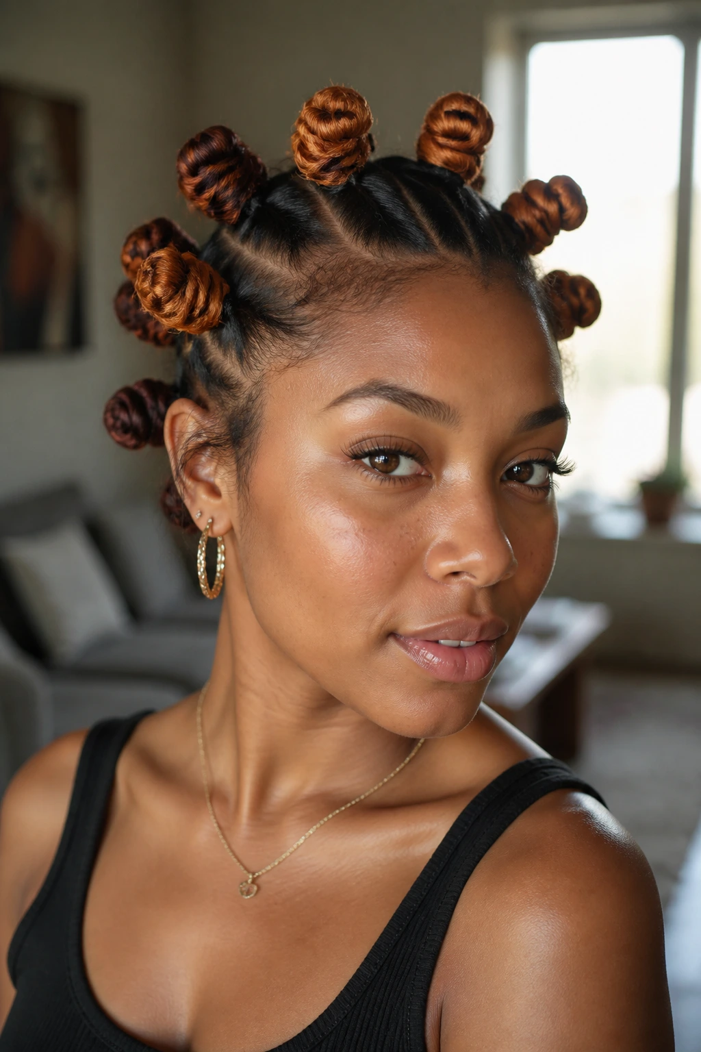 Close-up of a real person's Bantu knots with colored ends