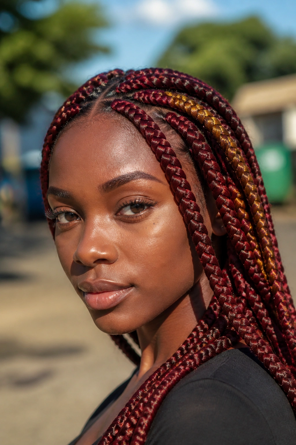 Real woman with colored Ghana braids showing dominant color with accent