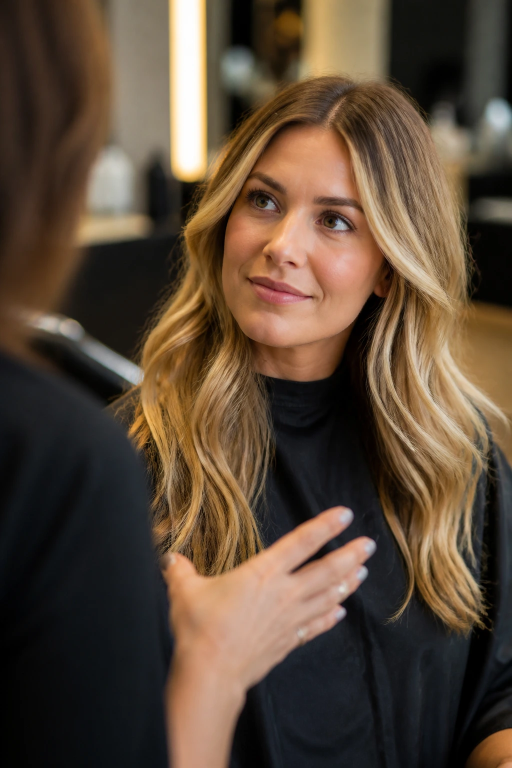 Real person in salon chair discussing hair color with colorist, warm blonde tones.