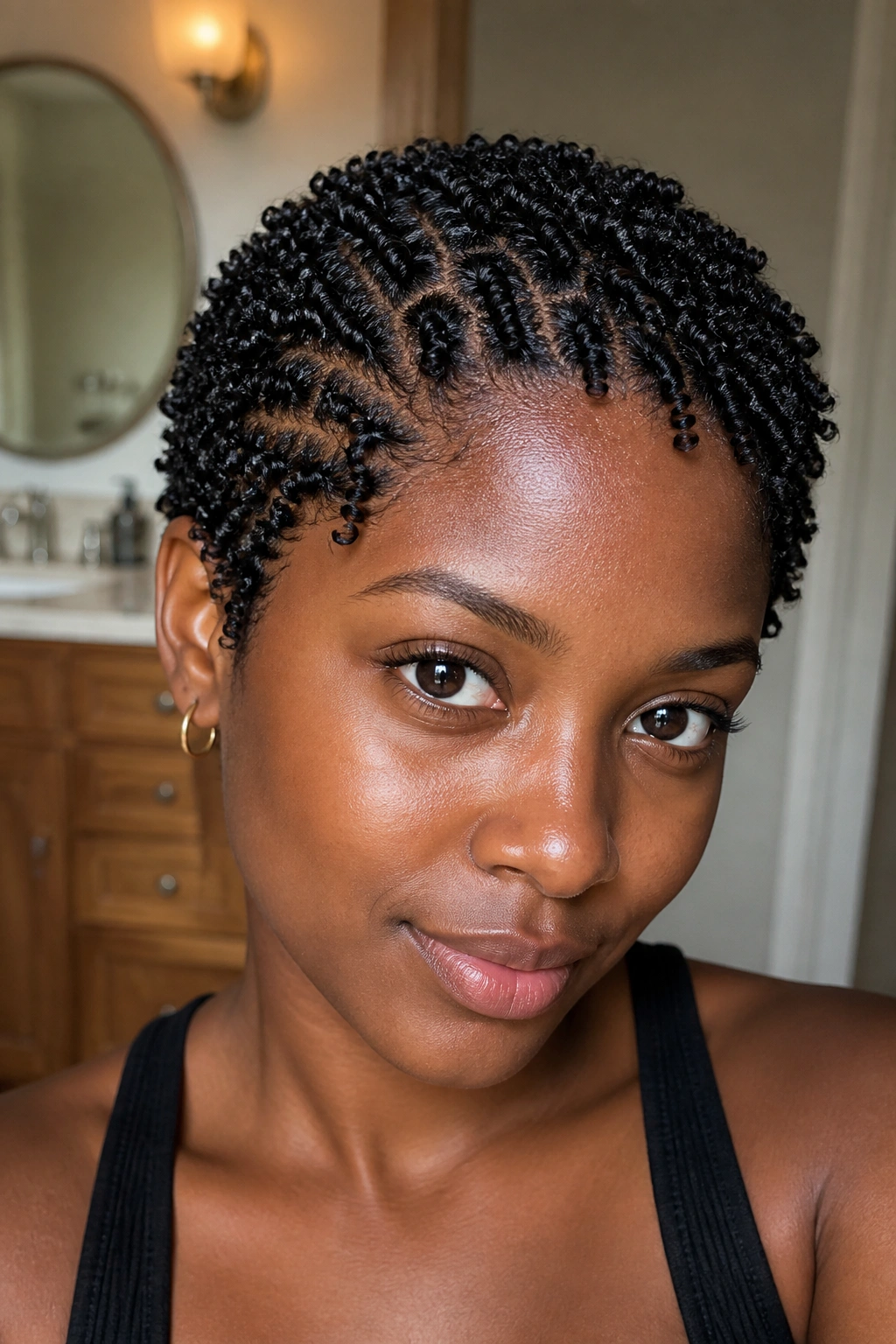 Close-up of a real woman with tight comb coils on short hair in a softly lit room.