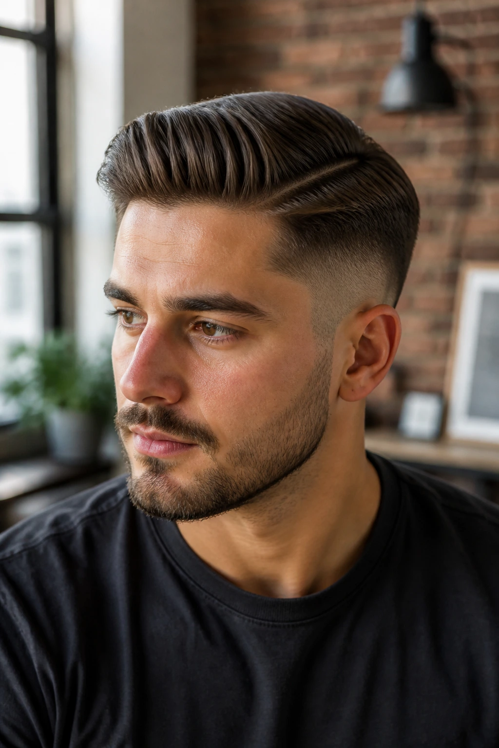 Man with comb-over fade and natural part in urban apartment lighting
