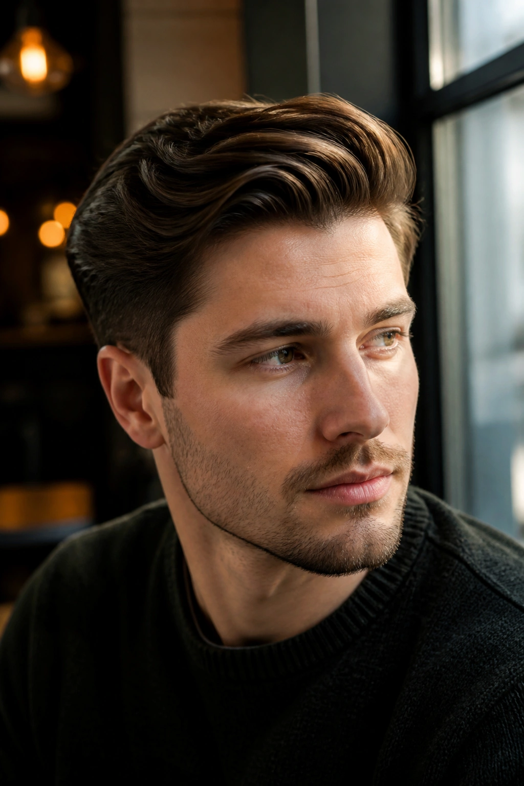 Close-up portrait of a man with a voluminous comb-over hairstyle in daylight