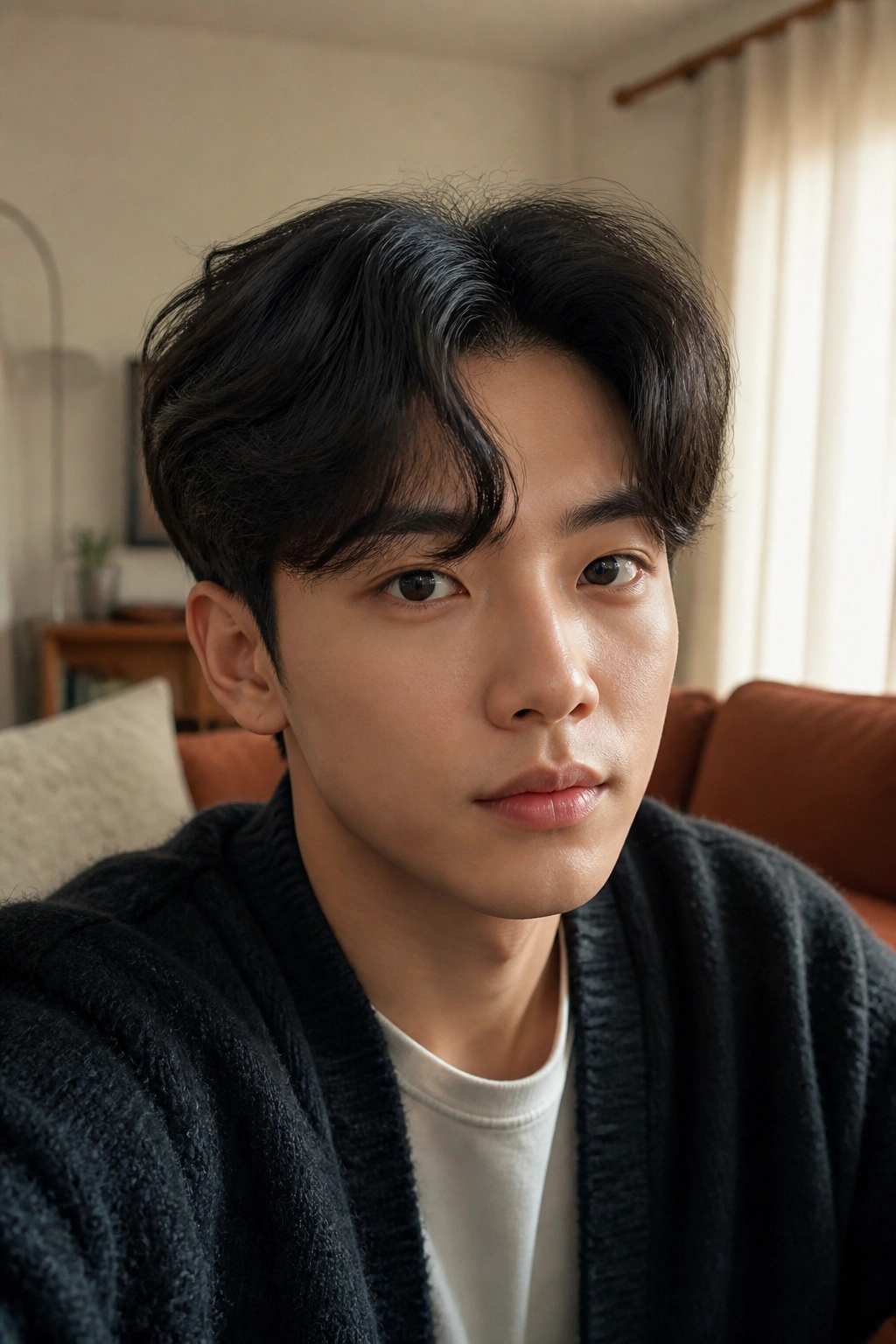Real man with comma-shaped fringe in a cozy home setting