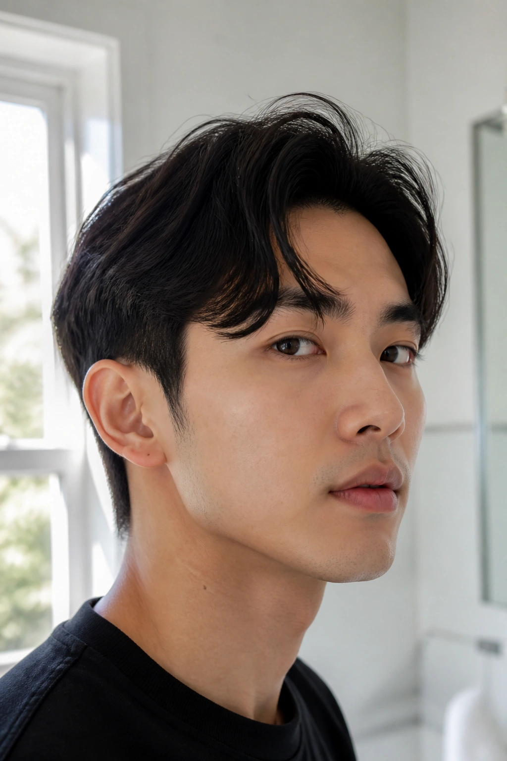 Close-up portrait showing front-bent comma hair framing the forehead