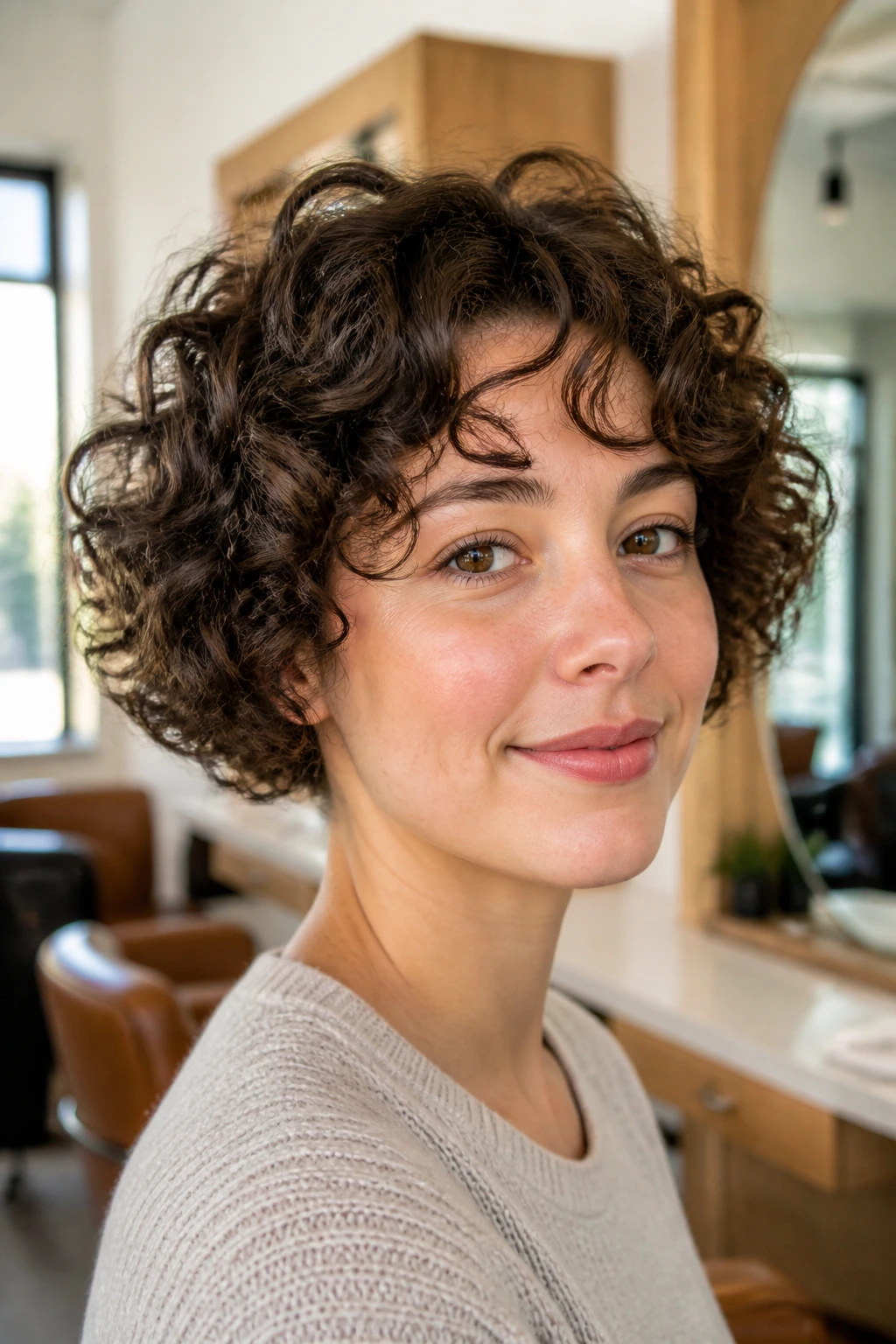 Close-up of real woman with compact curly bob for fine curls in bright salon