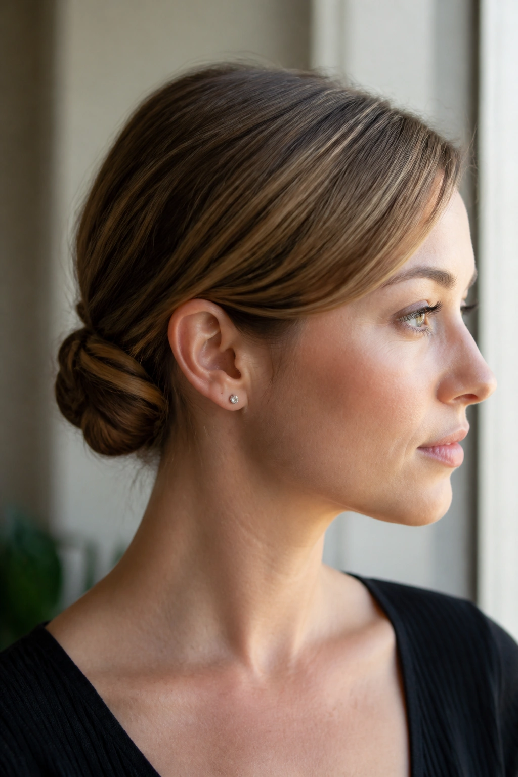 Close-up of a woman with a compact twist bun for fine hair at the nape