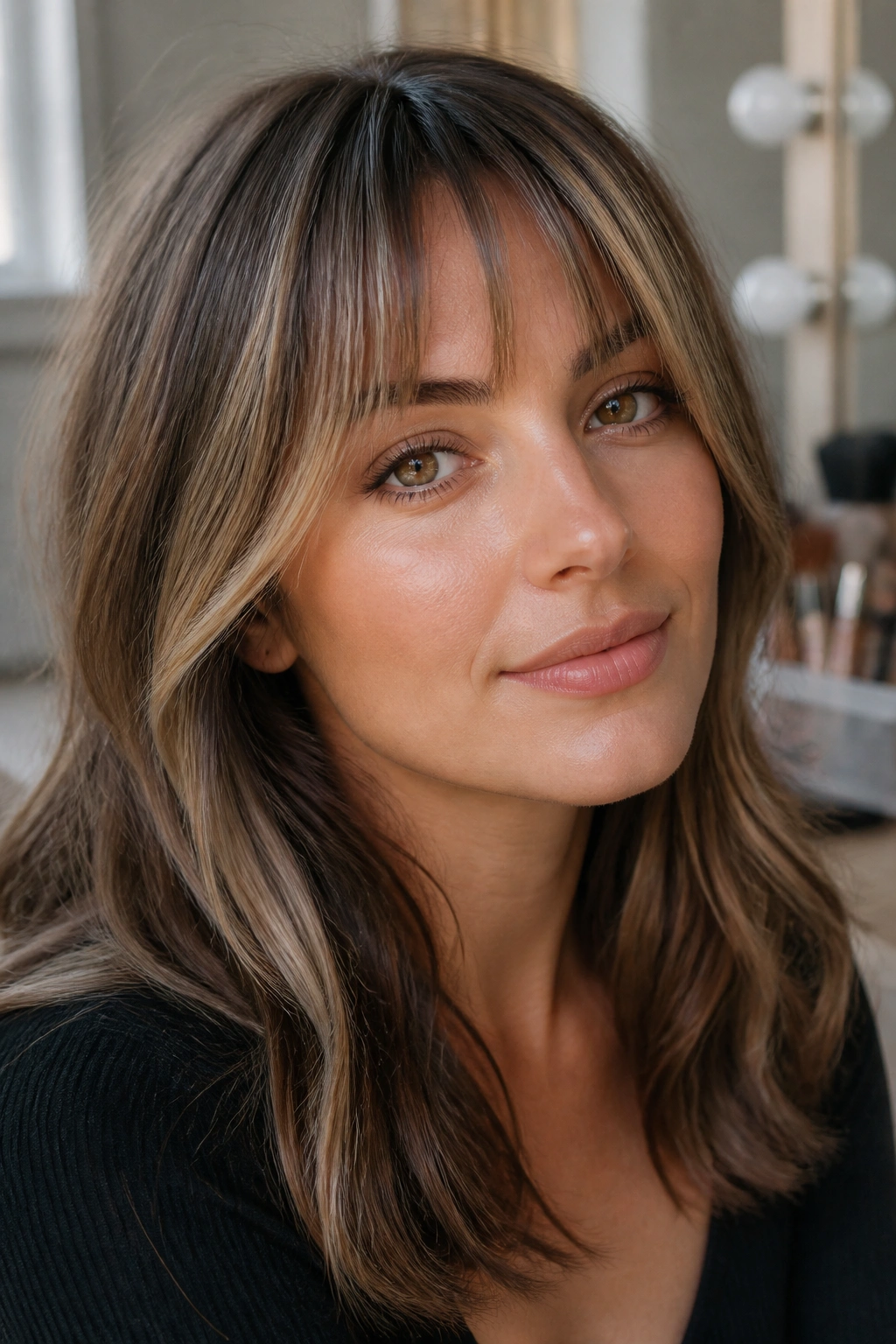 Close-up of a real woman showing contour highlights around a soft fringe near the temples.