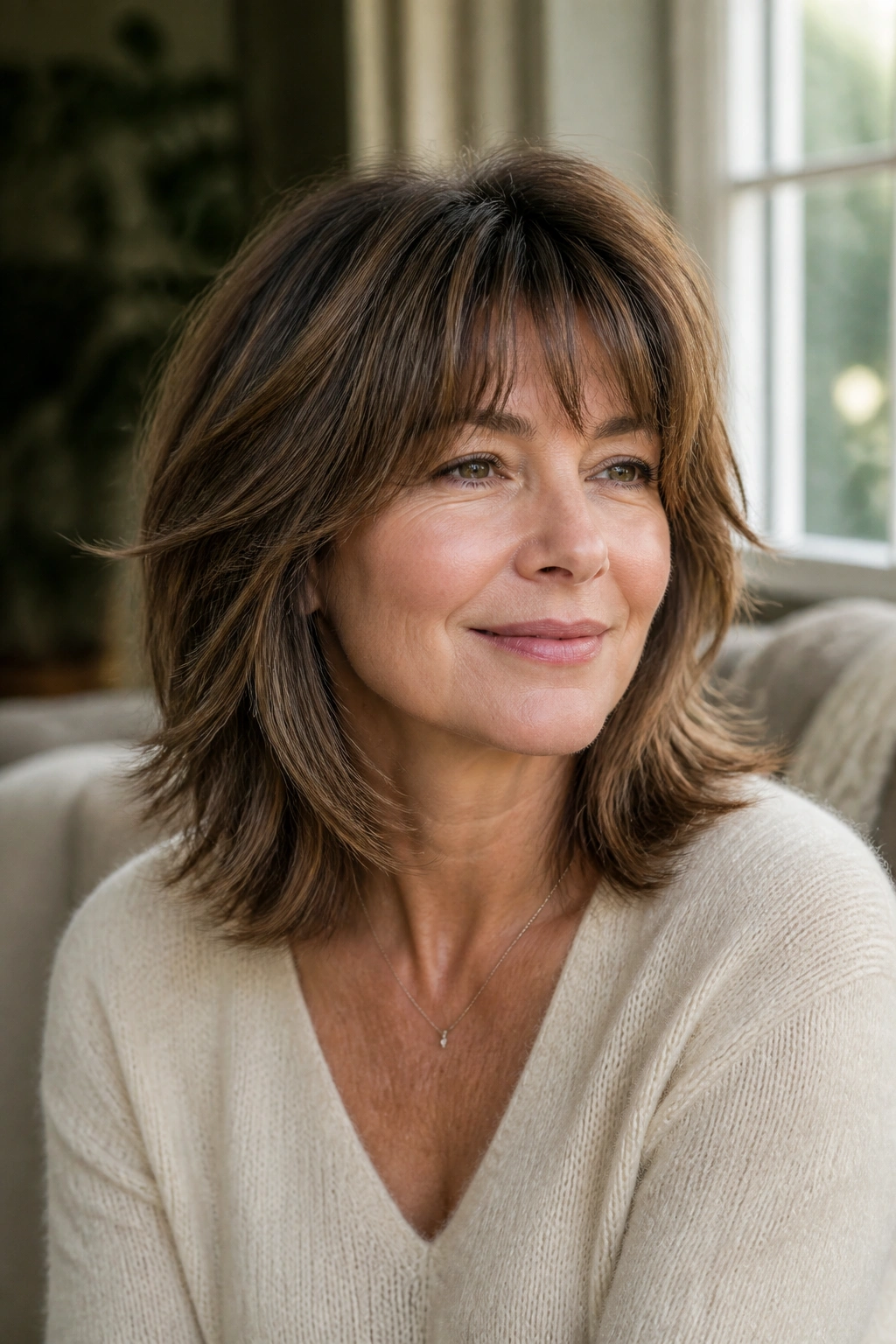 Close-up portrait of a real woman with a shoulder-length controlled shag