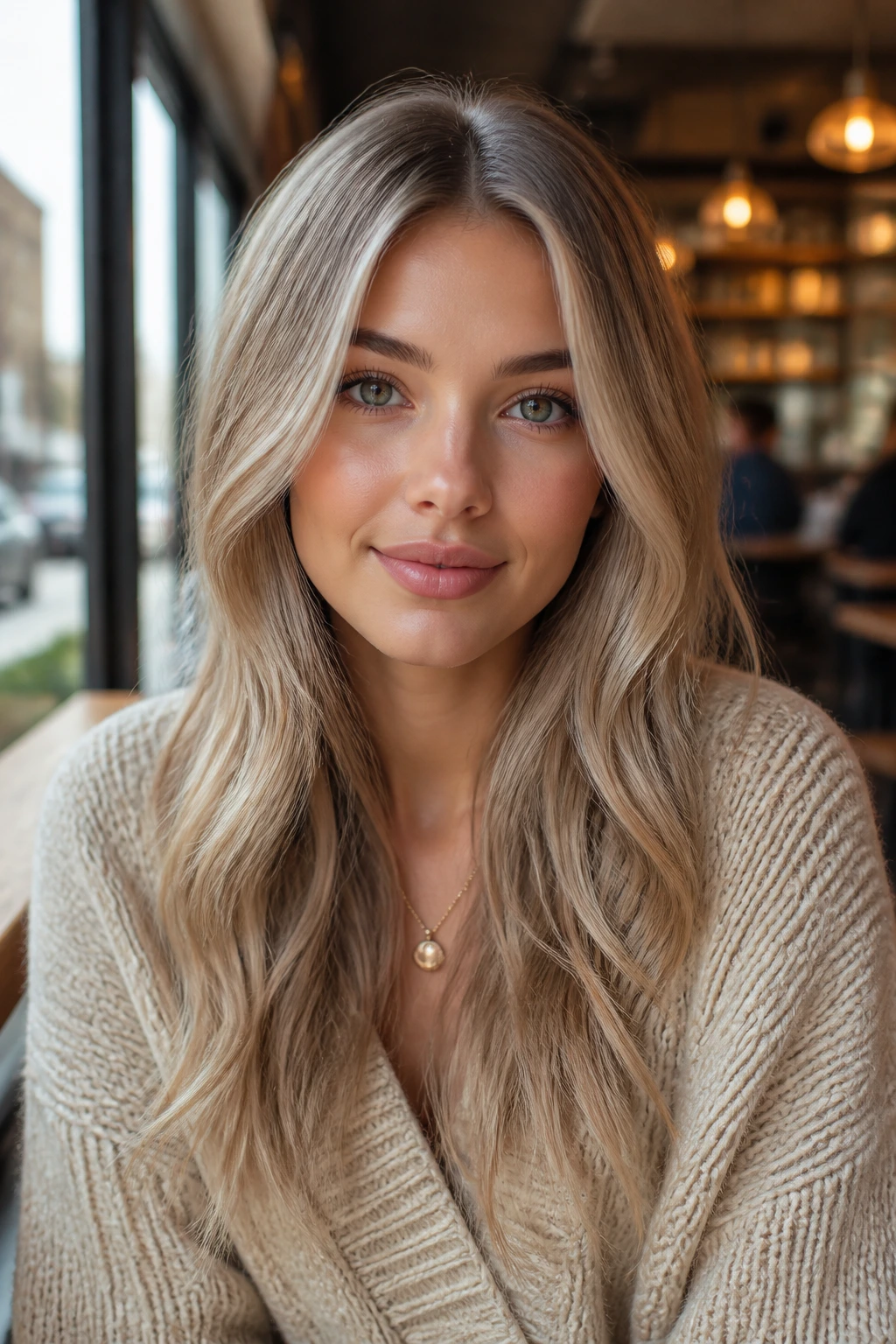 Close-up portrait of a real woman with cool almond blonde in cafe window light