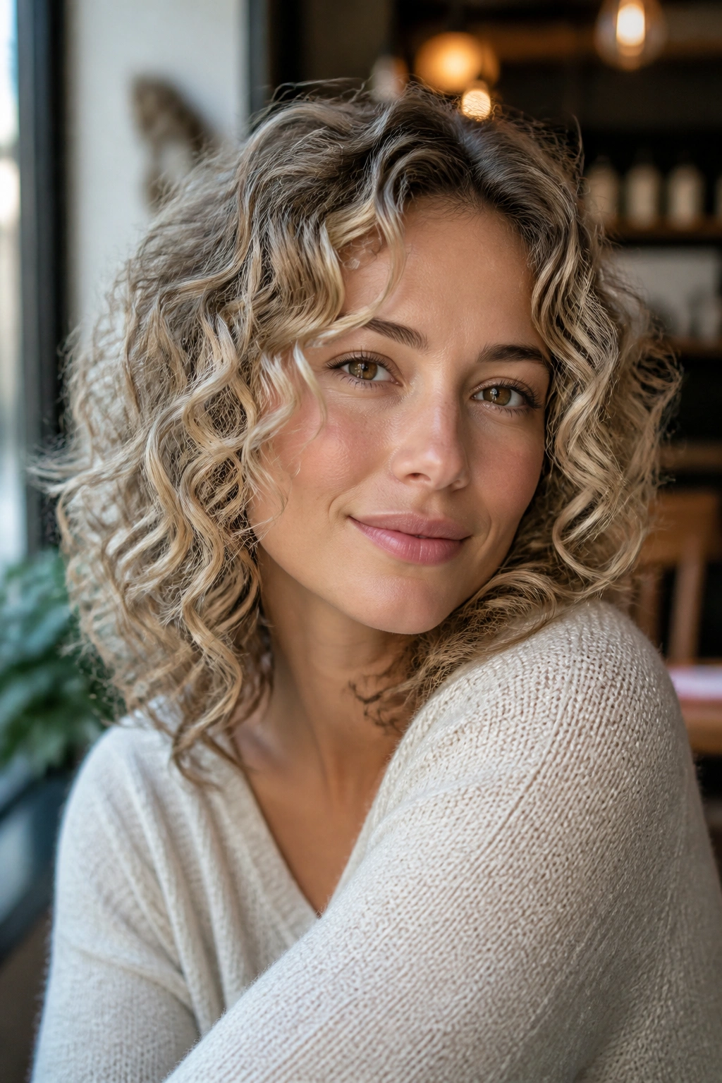 Curly medium hair in cool ash blonde with highlighted curls