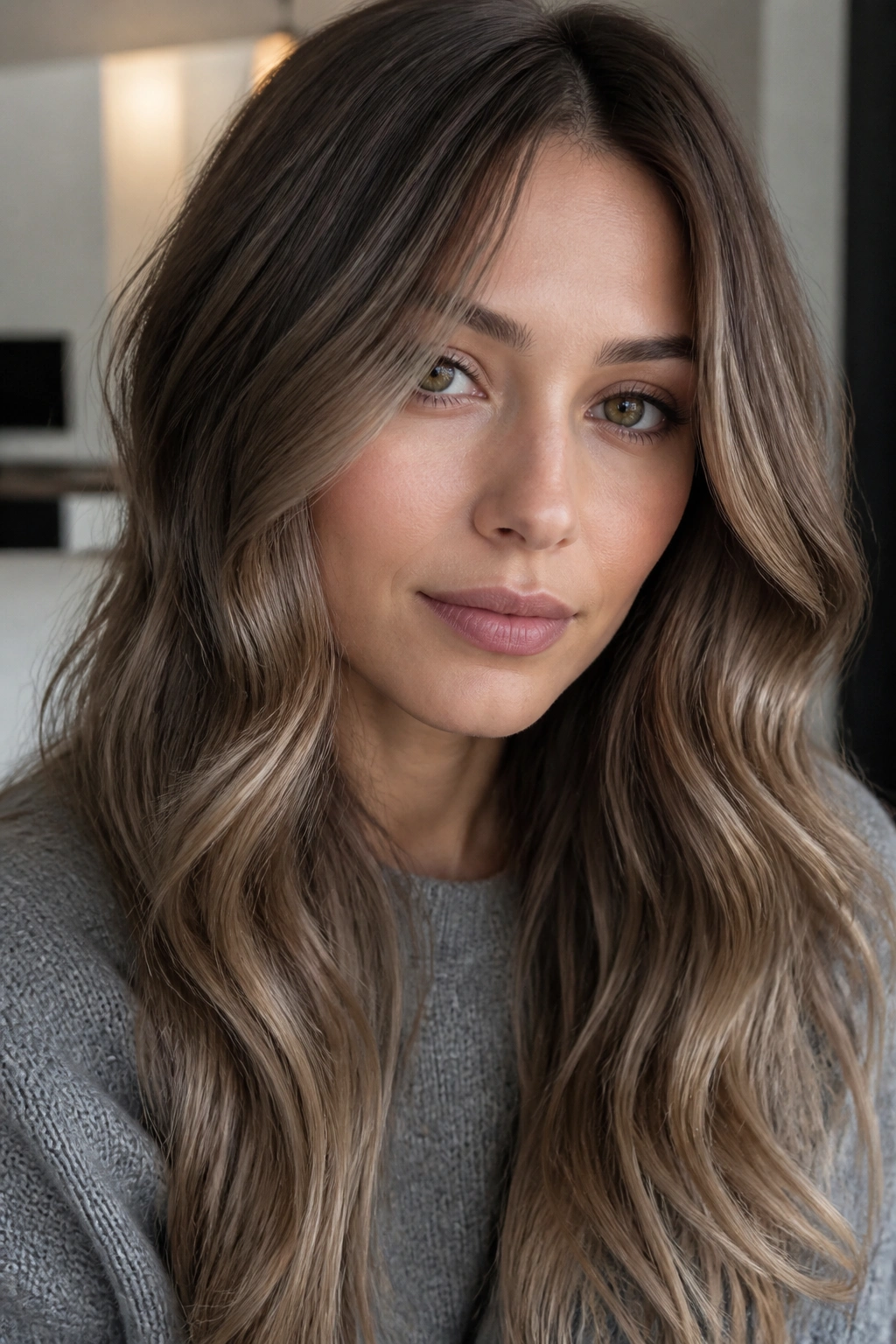 Close-up of a woman with cool beige ash-brown hair under neutral window light