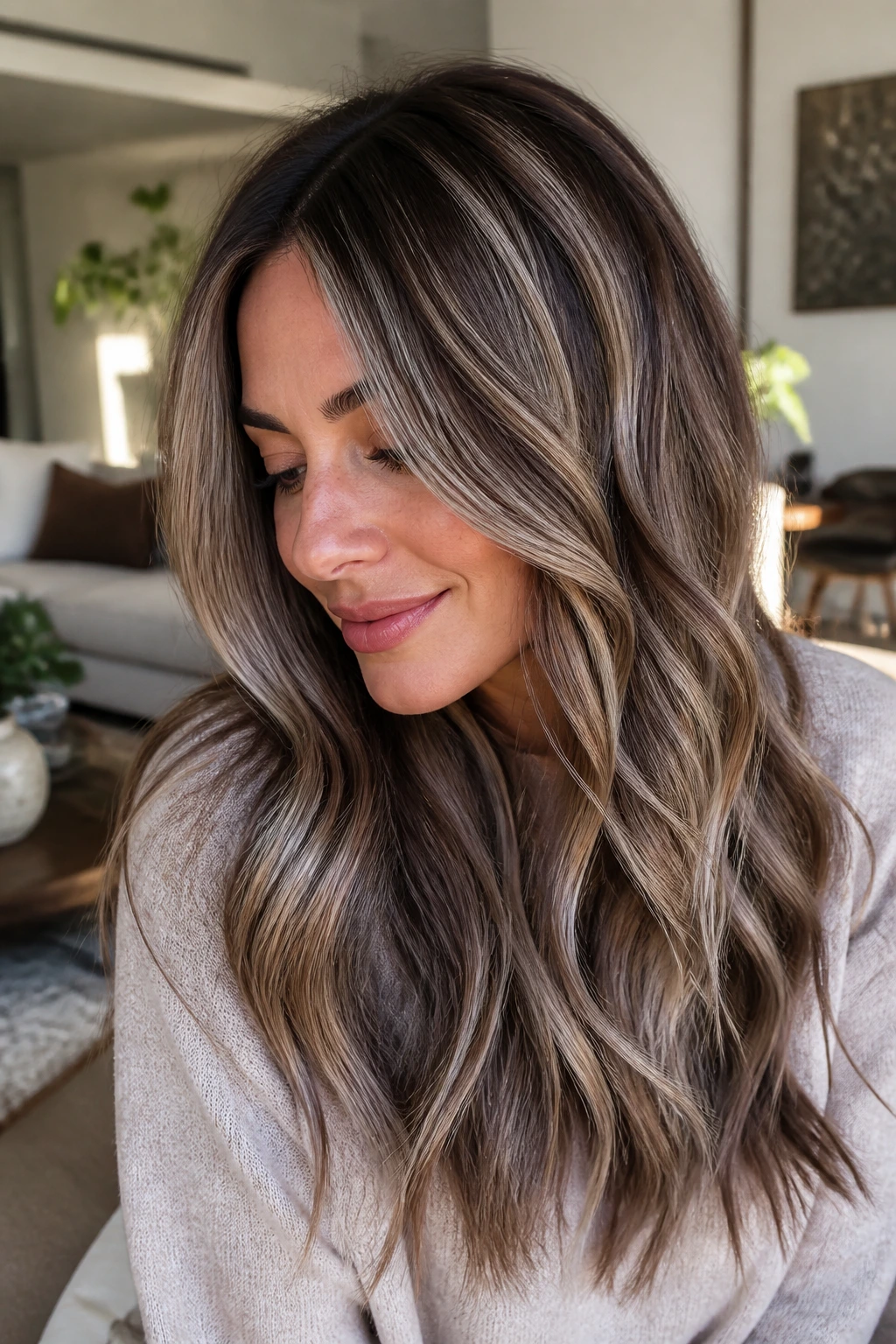 Close-up of a real woman with cool-toned ribbon highlights in ash beige