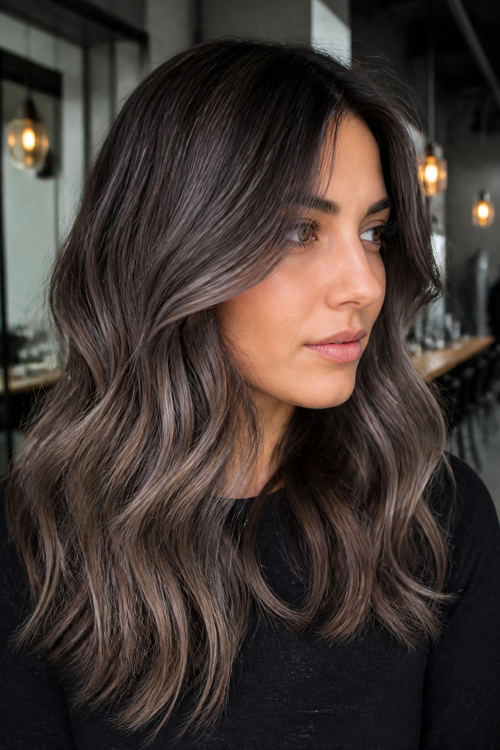 Close-up of a real woman with smoky brunette ash mushroom dimension